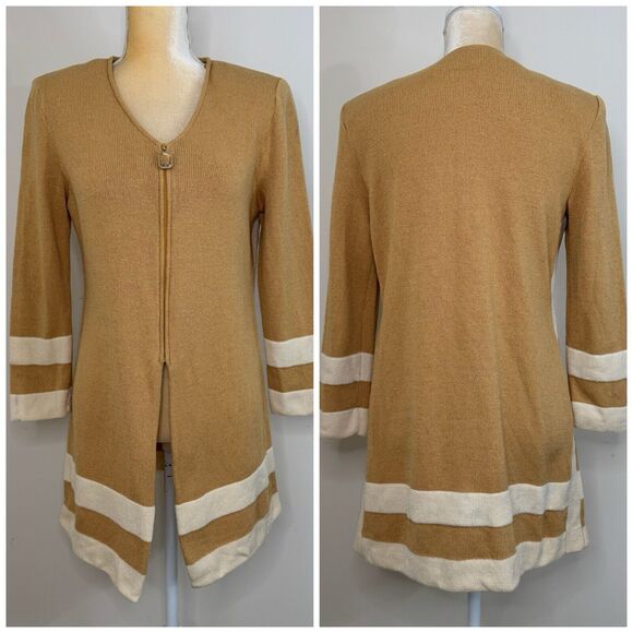 St. John Santana Knit Zip Long Cardigan Sweater Size 6 Yellow Cream Shoulder Pad - Picture 1 of 16